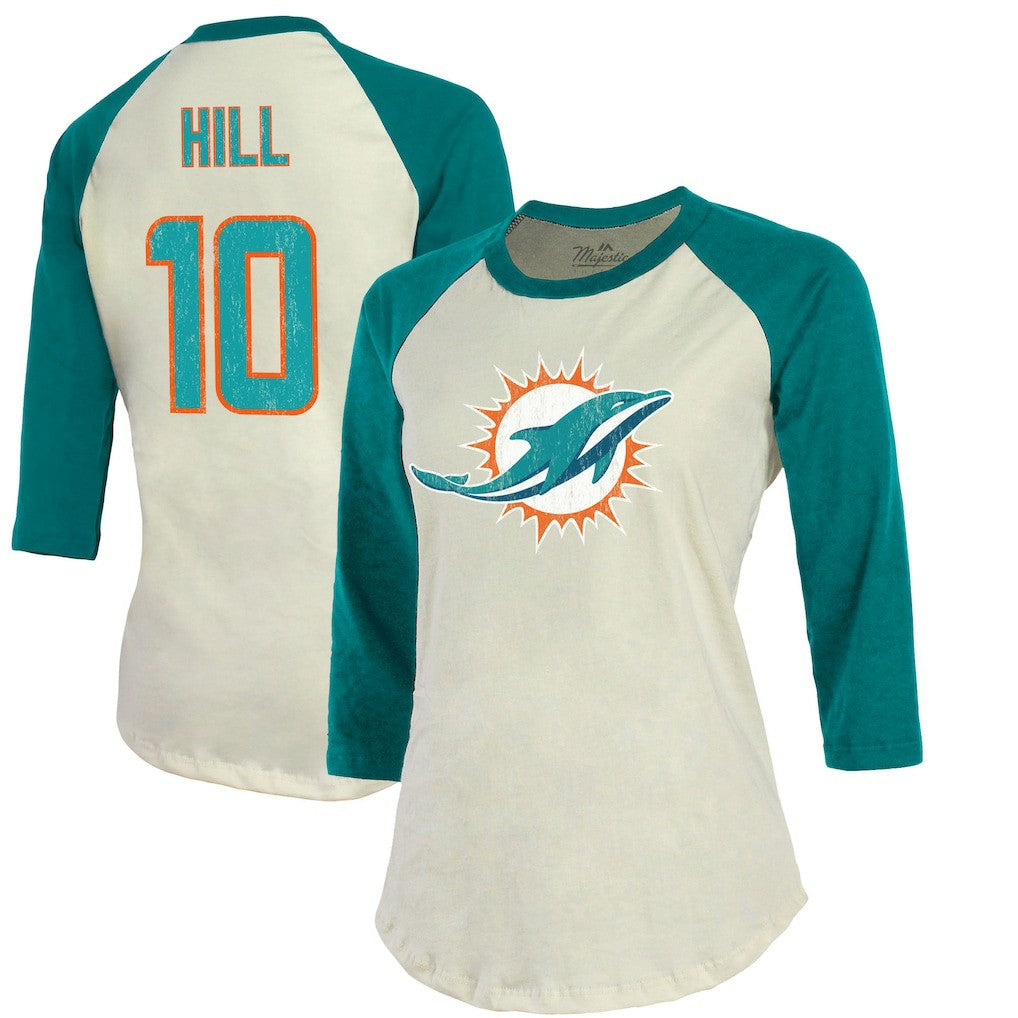 Tyreek Hill Miami Dolphins Majestic Threads Vintage Player Name & Number Raglan 3/4-Sleeve T-Shirt - Cream/Aqua cheap
