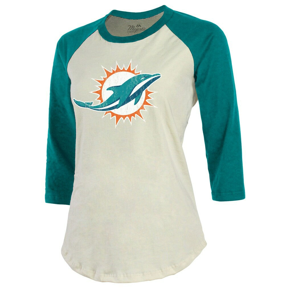 Tyreek Hill Miami Dolphins Majestic Threads Vintage Player Name & Number Raglan 3/4-Sleeve T-Shirt - Cream/Aqua cheap