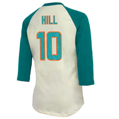 Tyreek Hill Miami Dolphins Majestic Threads Vintage Player Name & Number Raglan 3/4-Sleeve T-Shirt - Cream/Aqua cheap