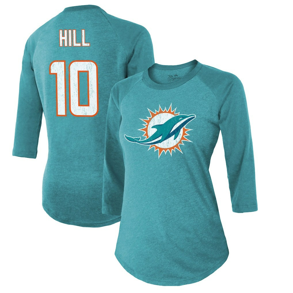 Tyreek Hill Miami Dolphins Majestic Threads Women's Name & Number Raglan 3/4 Sleeve T-Shirt - Aqua discount