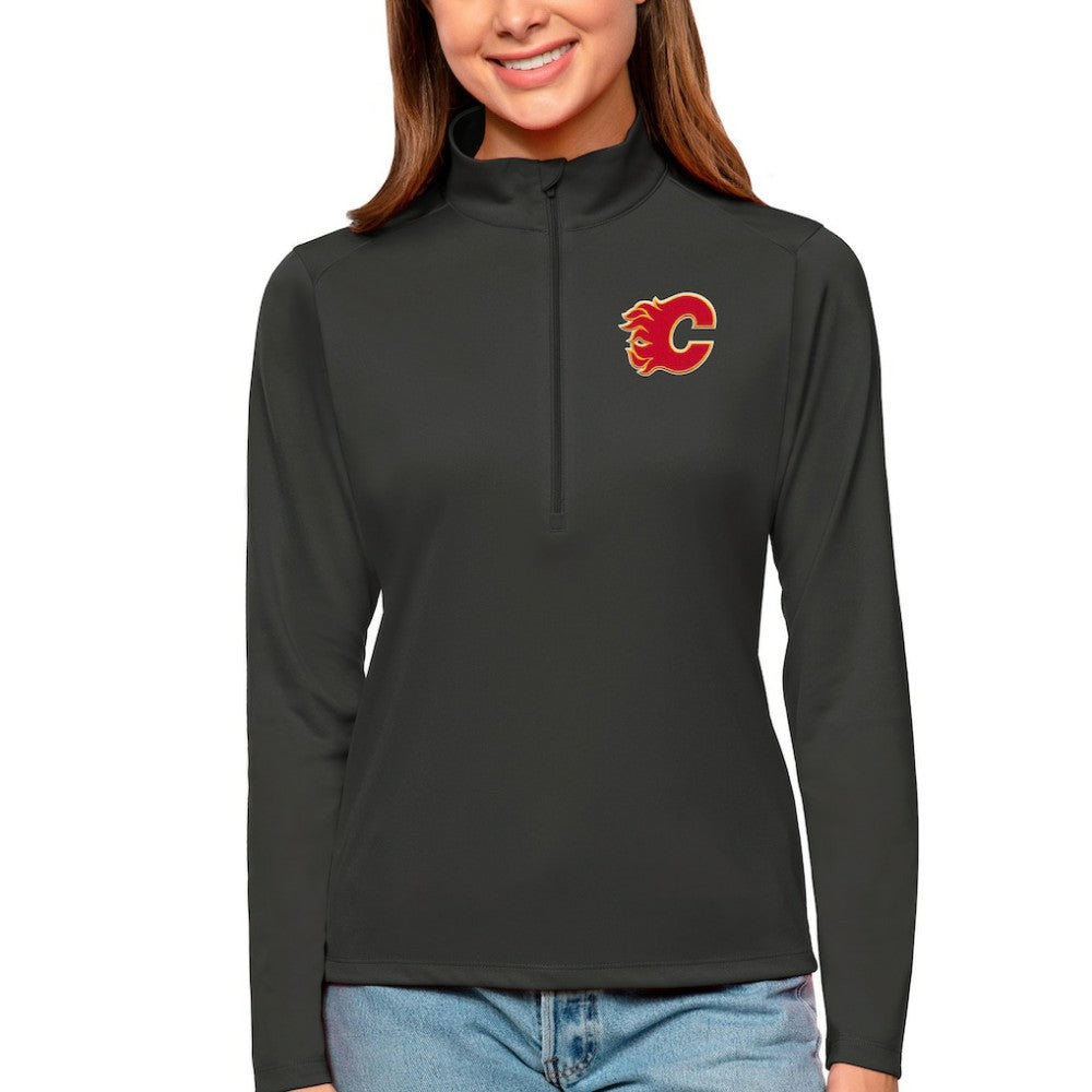 Calgary Flames Antigua Women's Tribute Quarter-Zip Pullover Top - Charcoal Pullover