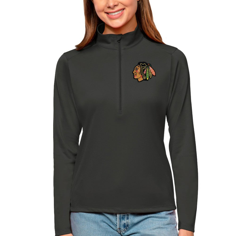 Chicago Blackhawks Antigua Women's Tribute Quarter-Zip Pullover Top - Charcoal Pullover