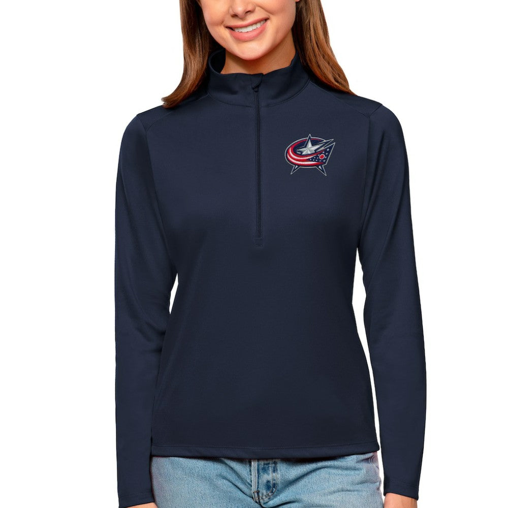 Columbus Blue Jackets Antigua Women's Tribute Quarter-Zip Pullover Top - Navy Pullover