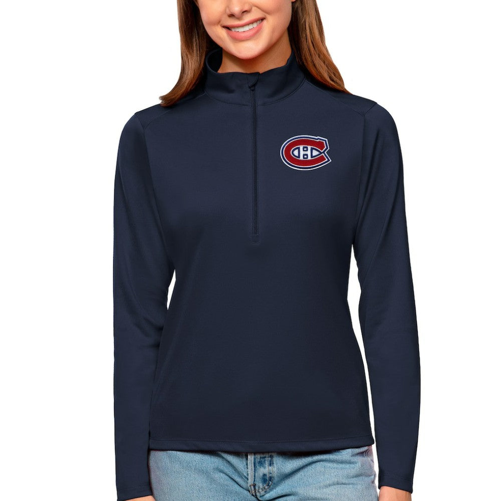 Montreal Canadiens Antigua Women's Tribute Quarter-Zip Pullover Top - Navy Pullover