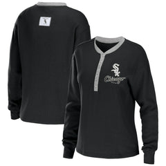 Chicago White Sox WEAR by Erin Andrews Women's Waffle Henley Long Sleeve T-Shirt Black
