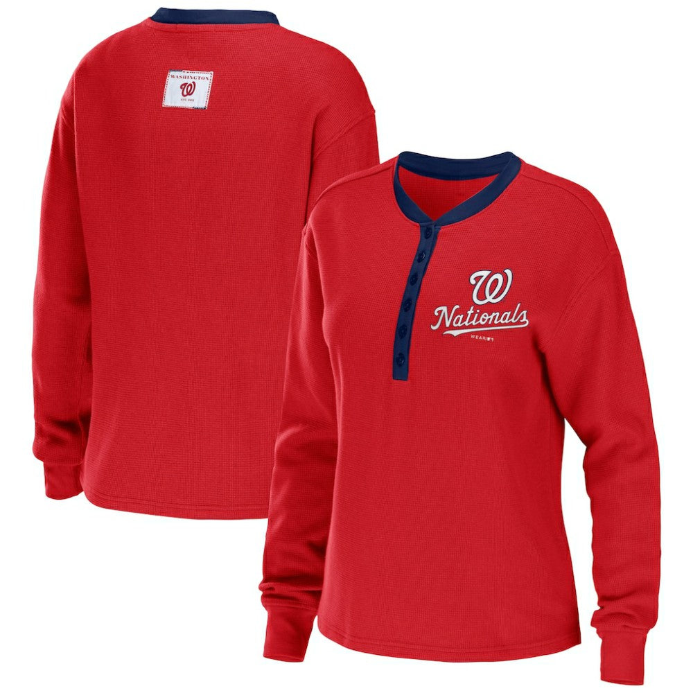 Washington Nationals WEAR by Erin Andrews Women's Waffle Henley Long Sleeve T-Shirt Red