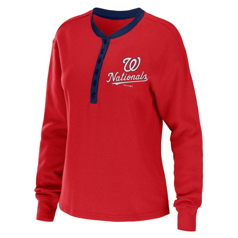 Washington Nationals WEAR by Erin Andrews Women's Waffle Henley Long Sleeve T-Shirt Red