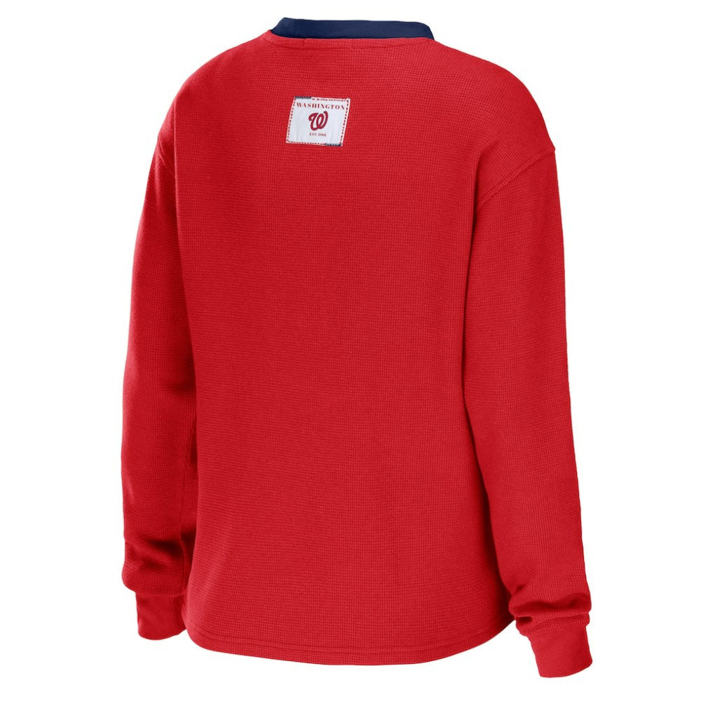 Washington Nationals WEAR by Erin Andrews Women's Waffle Henley Long Sleeve T-Shirt Red