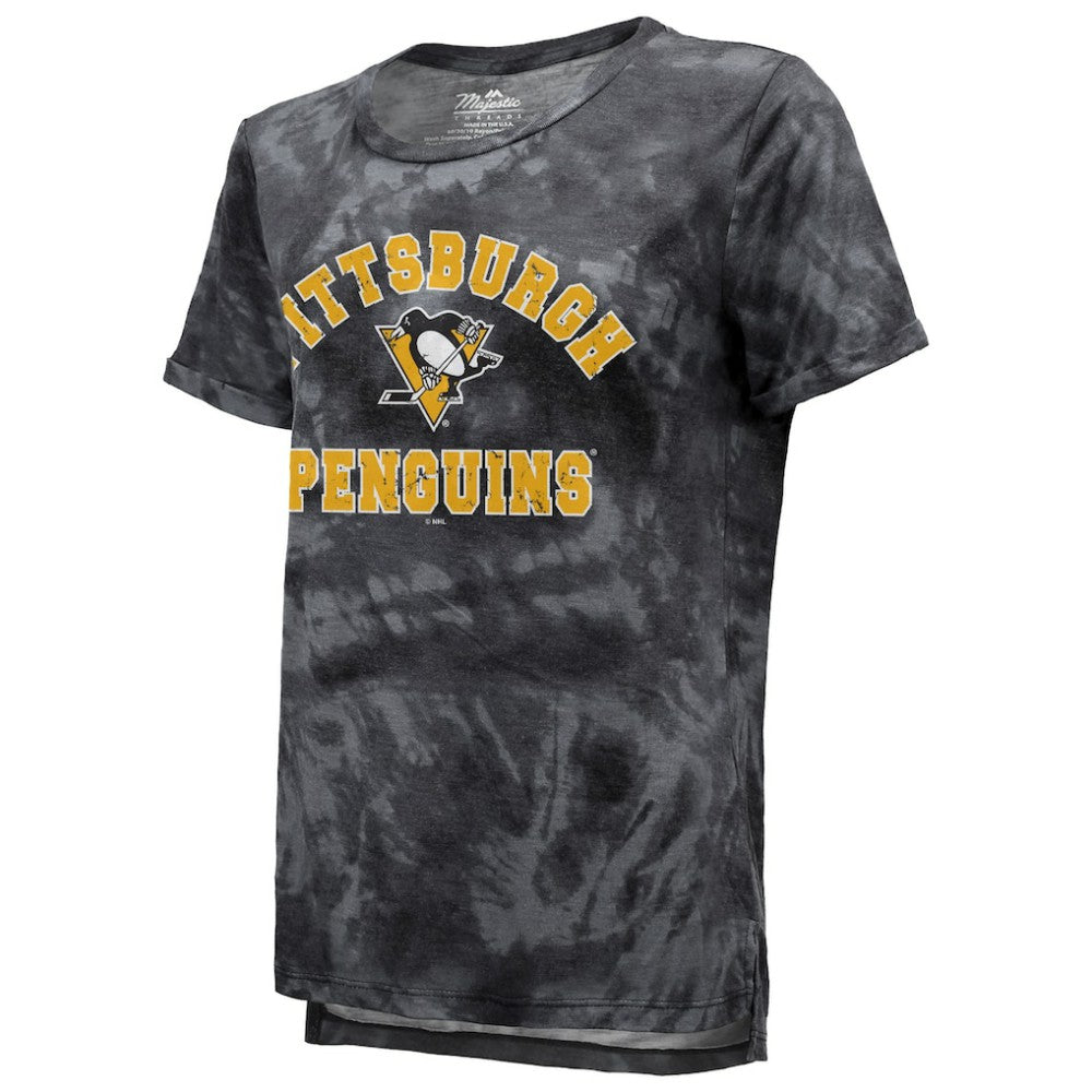 Pittsburgh Penguins Majestic Threads Women's Boyfriend Tie-Dye Tri-Blend T-Shirt - Black T-shirts