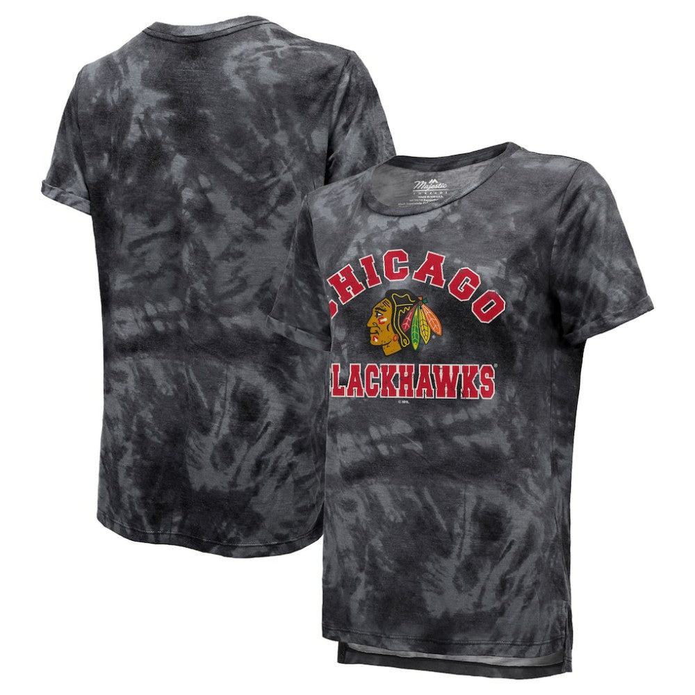 Chicago Blackhawks Majestic Threads Women's Boyfriend Tie-Dye Tri-Blend T-Shirt - Black T-shirts