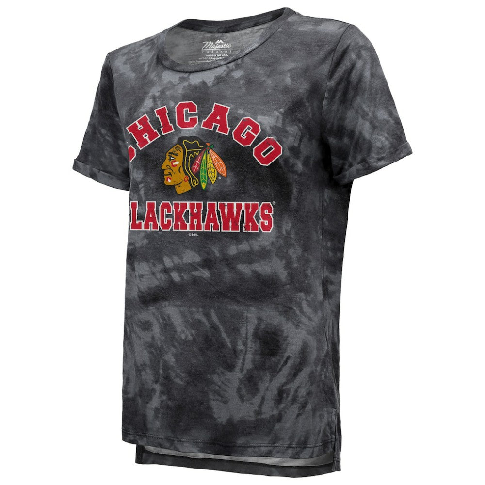 Chicago Blackhawks Majestic Threads Women's Boyfriend Tie-Dye Tri-Blend T-Shirt - Black T-shirts
