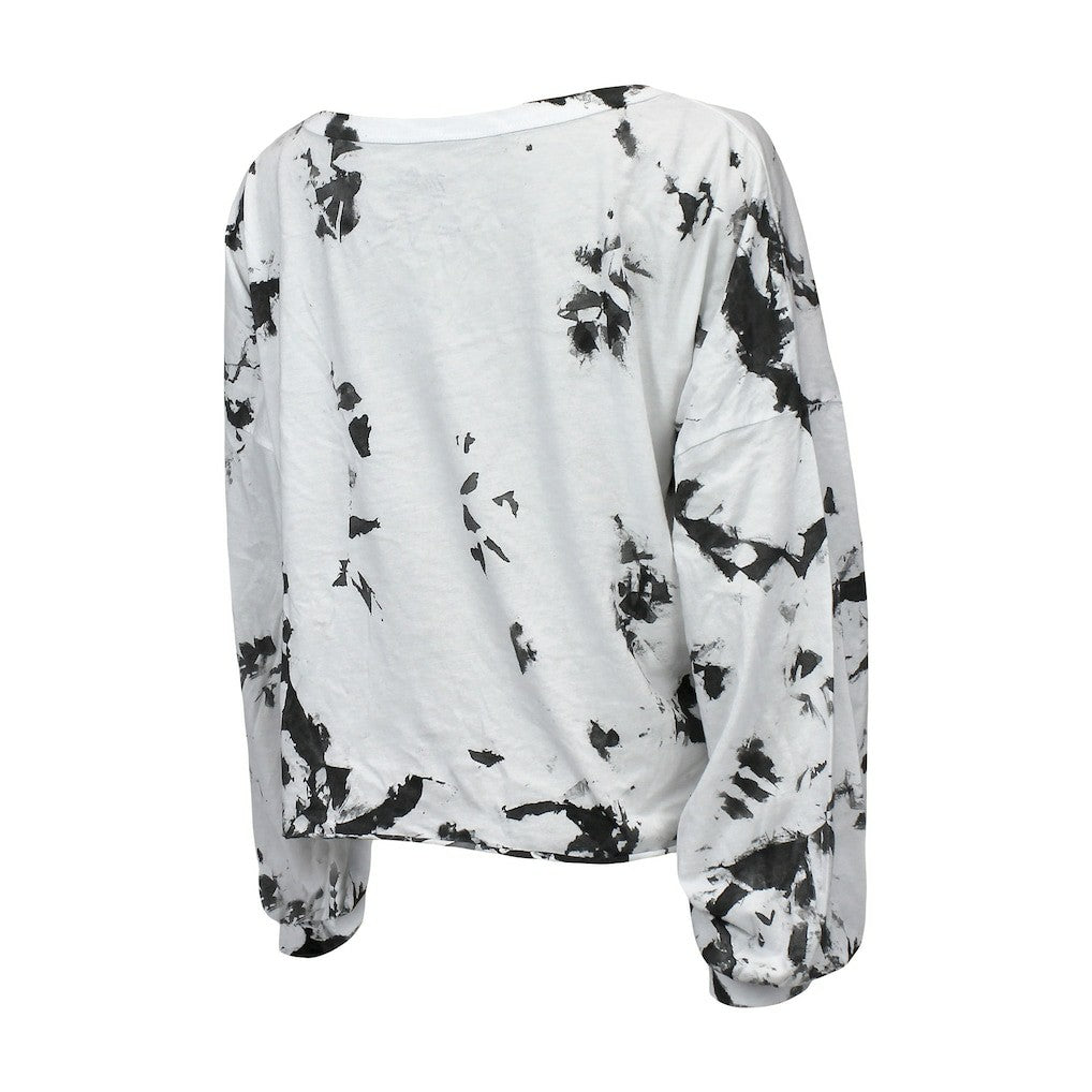 Brooklyn Nets Majestic Threads Women's Aquarius Tie-Dye Cropped V-Neck Long Sleeve T-Shirt - White/Black sale