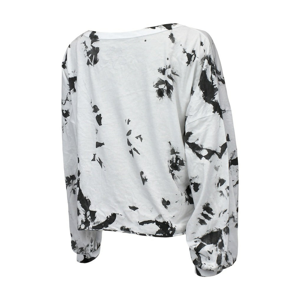 Brooklyn Nets Majestic Threads Women's Aquarius Tie-Dye Cropped V-Neck Long Sleeve T-Shirt - White/Black sale