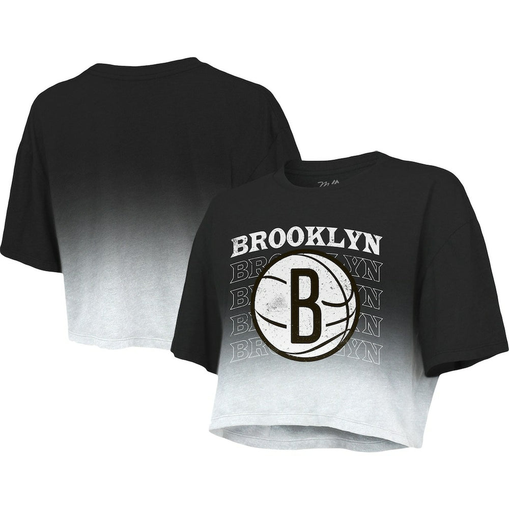 Brooklyn Nets Majestic Threads Women's Repeat Dip-Dye Cropped T-Shirt - Black/White on sale