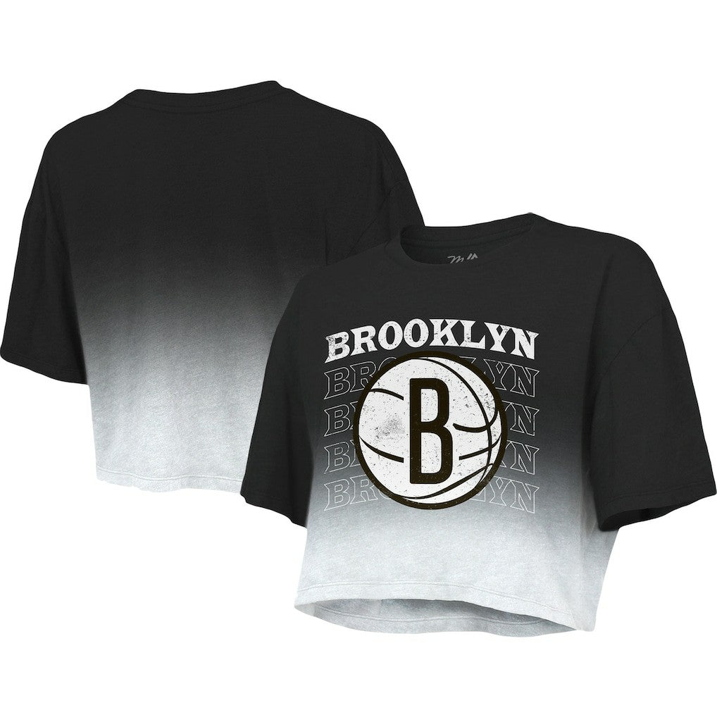 Brooklyn Nets Majestic Threads Women's Repeat Dip-Dye Cropped T-Shirt - Black/White on sale