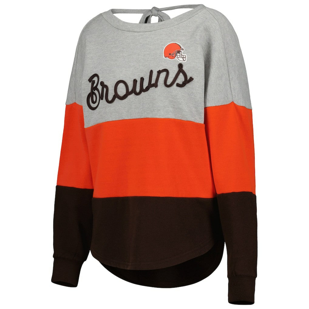 Cleveland Browns Touch Women's Outfield Deep V-Back Waist Length Pullover Sweatshirt - Heather Gray/Brown on sale