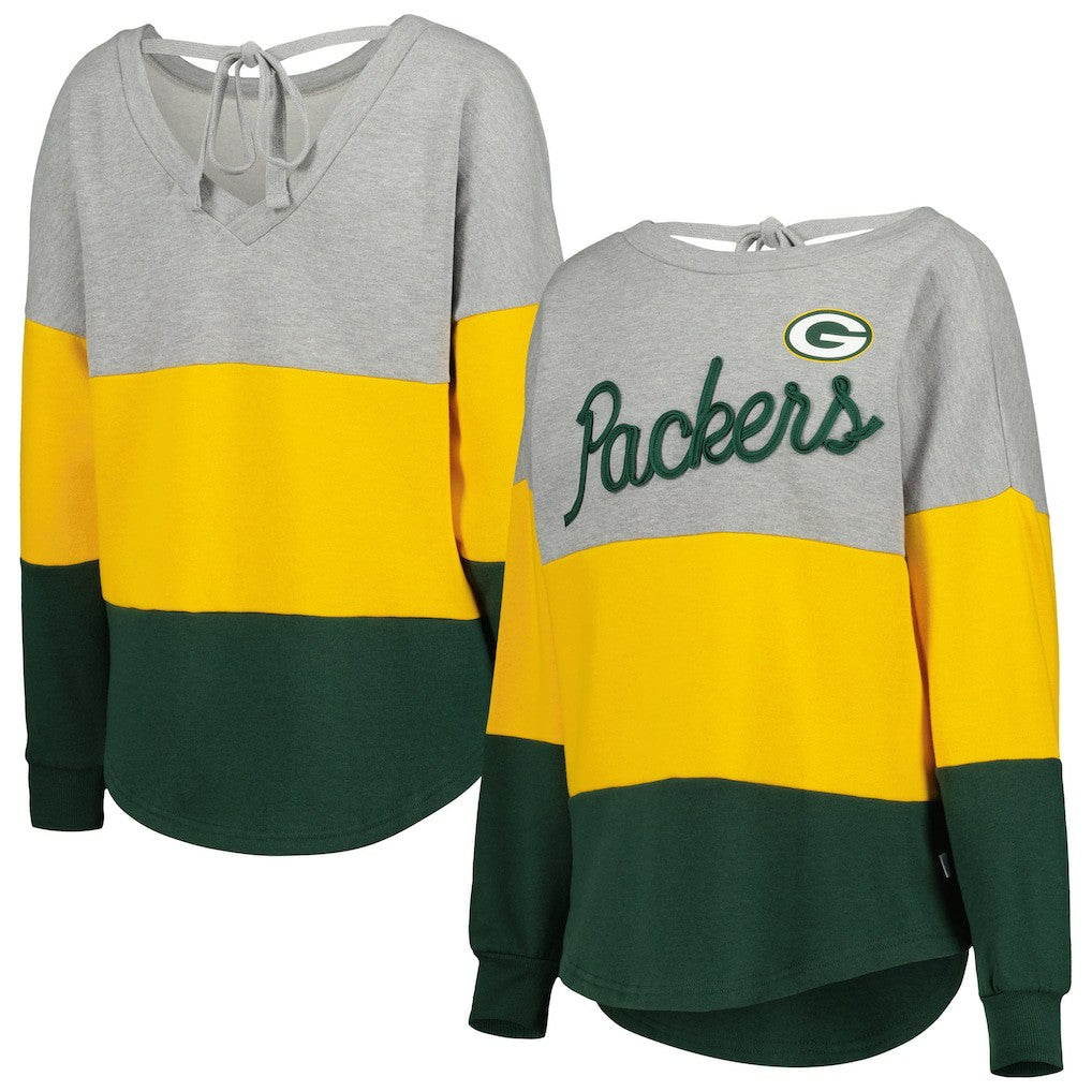Green Bay Packers Touch Women's Outfield Deep V-Back Waist Length Pullover Sweatshirt - Heather Gray/Green on sale