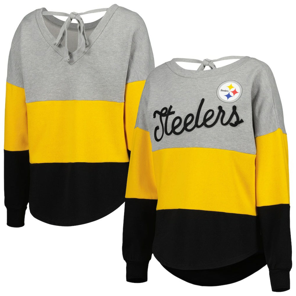 Pittsburgh Steelers Touch Women's Outfield Deep V-Back Waist Length Pullover Sweatshirt - Heather Gray/Black outlet