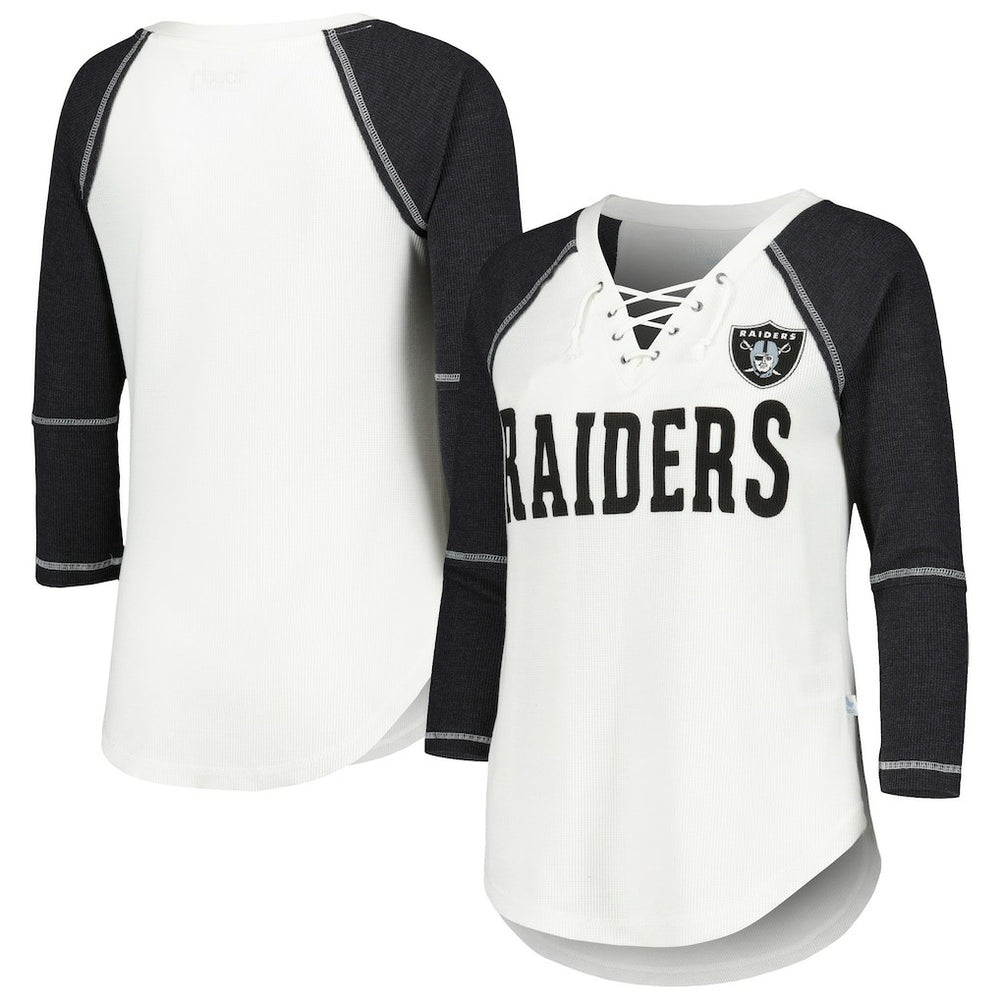 Las Vegas Raiders Touch Women's Rebel Raglan Tri-Blend 3/4-Sleeve Lace-Up V-Neck T-Shirt - White/Black cheap
