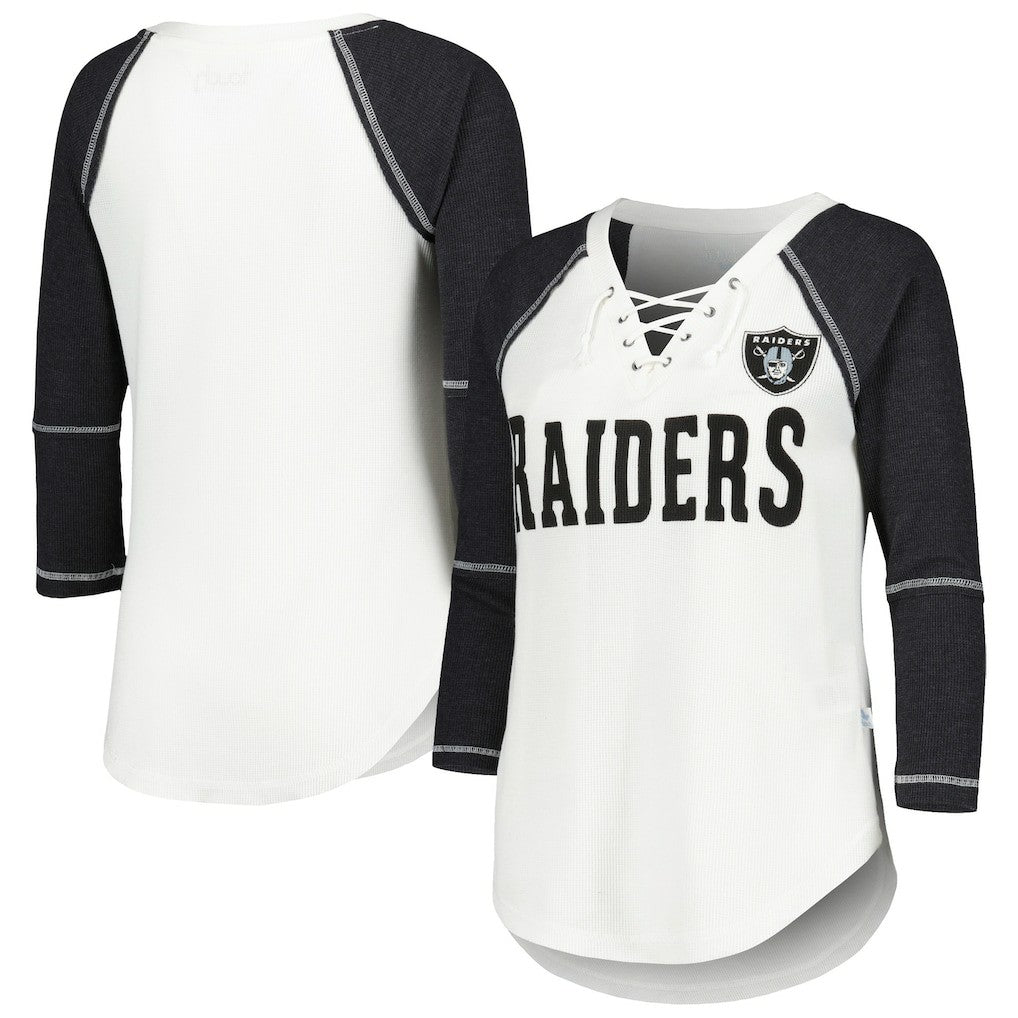 Las Vegas Raiders Touch Women's Rebel Raglan Tri-Blend 3/4-Sleeve Lace-Up V-Neck T-Shirt - White/Black cheap
