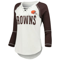 Cleveland Browns Touch Women's Rebel Raglan Tri-Blend 3/4-Sleeve Lace-Up V-Neck T-Shirt - White/Brown online