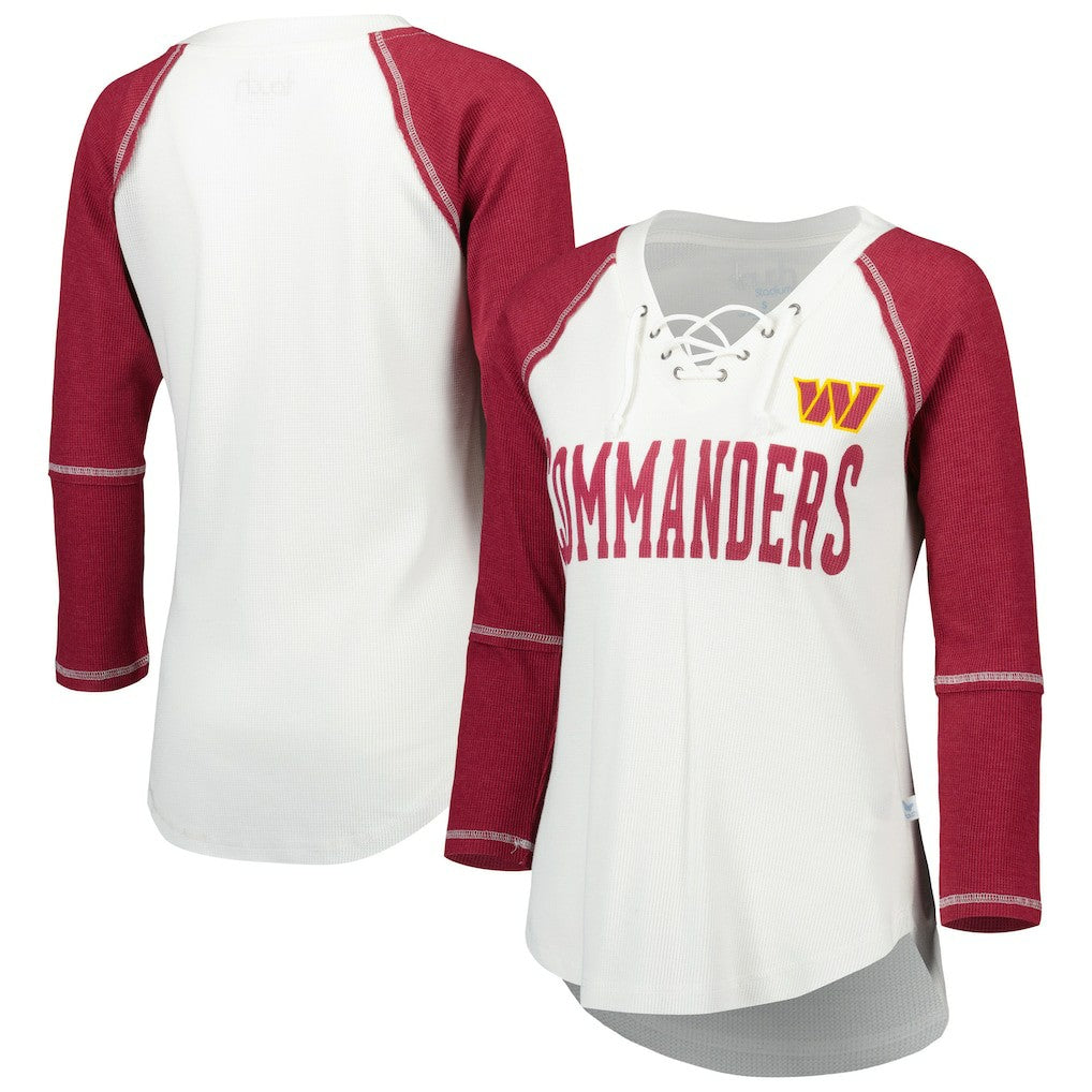 Washington Commanders Touch Women's Rebel Raglan Tri-Blend 3/4-Sleeve Lace-Up V-Neck T-Shirt - White/Burgundy outlet