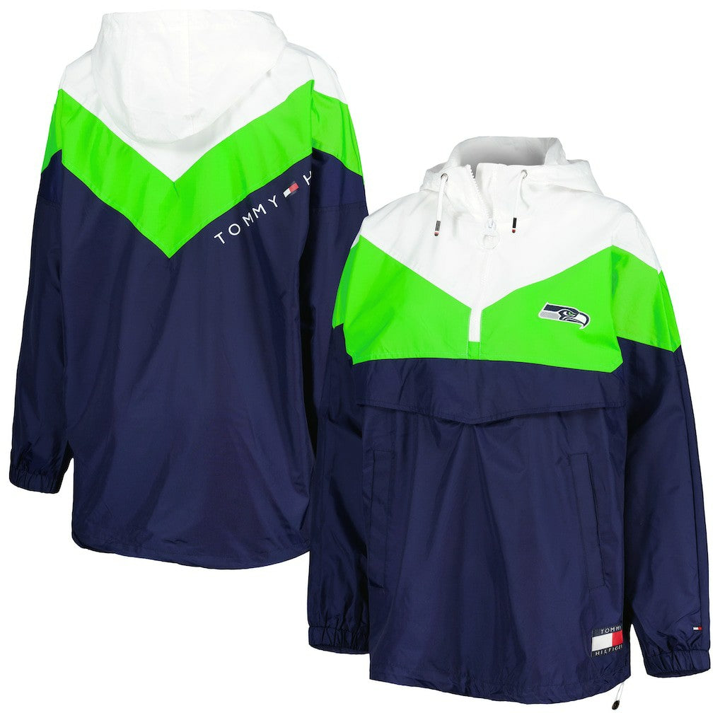 Seattle Seahawks Tommy Hilfiger Women's Staci Half-Zip Hoodie Windbreaker Jacket - White/Neon Green discount