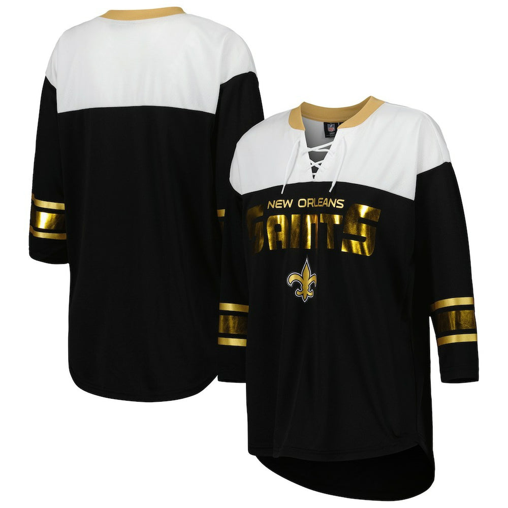 New Orleans Saints G-III 4Her by Carl Banks Women's Double Team 3/4-Sleeve Lace-Up T-Shirt - Black/White outlet