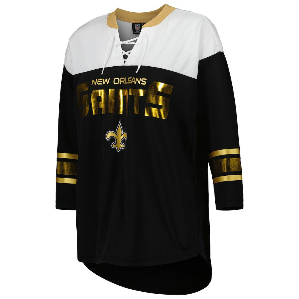 New Orleans Saints G-III 4Her by Carl Banks Women's Double Team 3/4-Sleeve Lace-Up T-Shirt - Black/White outlet