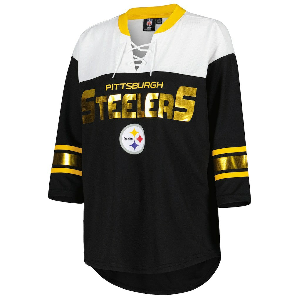 Pittsburgh Steelers G-III 4Her by Carl Banks Women's Double Team 3/4-Sleeve Lace-Up T-Shirt - Black/White on sale