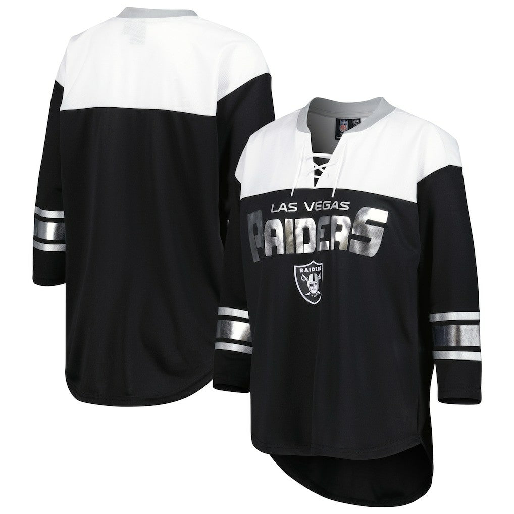 Las Vegas Raiders G-III 4Her by Carl Banks Women's Double Team 3/4-Sleeve Lace-Up T-Shirt - Black/White cheap