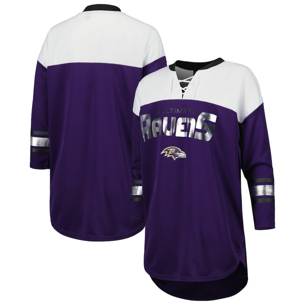 Baltimore Ravens G-III 4Her by Carl Banks Women's Double Team 3/4-Sleeve Lace-Up T-Shirt - Purple/White on sale