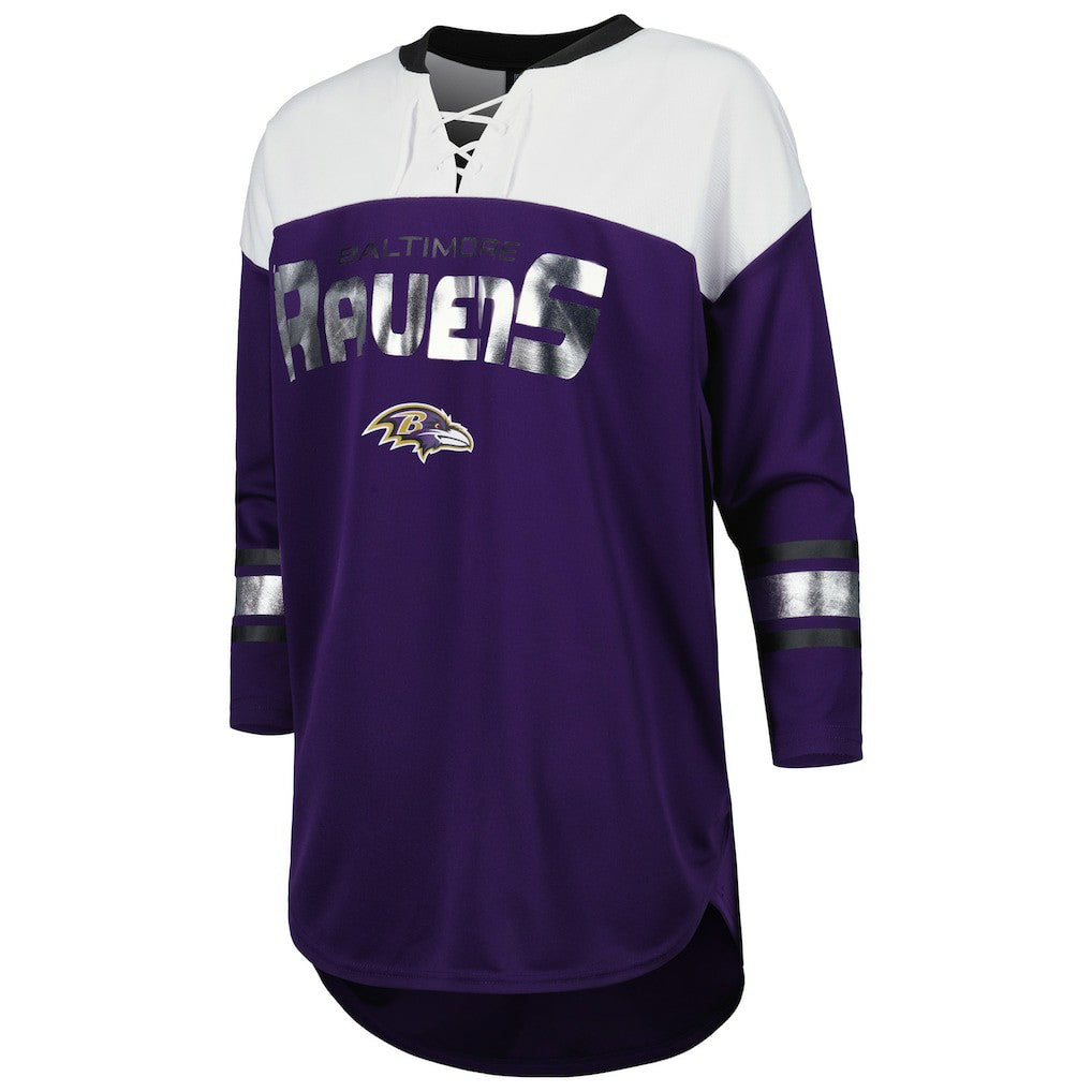Baltimore Ravens G-III 4Her by Carl Banks Women's Double Team 3/4-Sleeve Lace-Up T-Shirt - Purple/White on sale