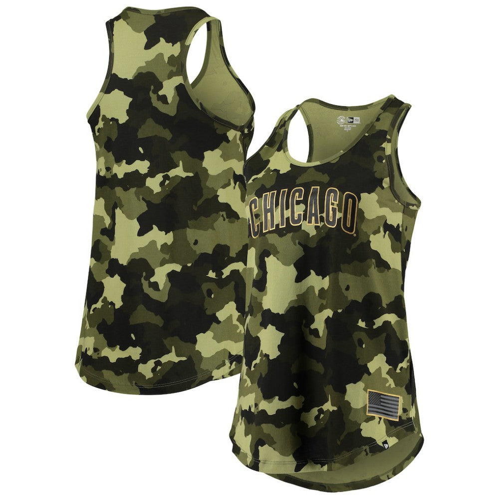 Chicago Cubs Women's 2022 MLB Armed Forces Day Camo Racerback Tank Top Green