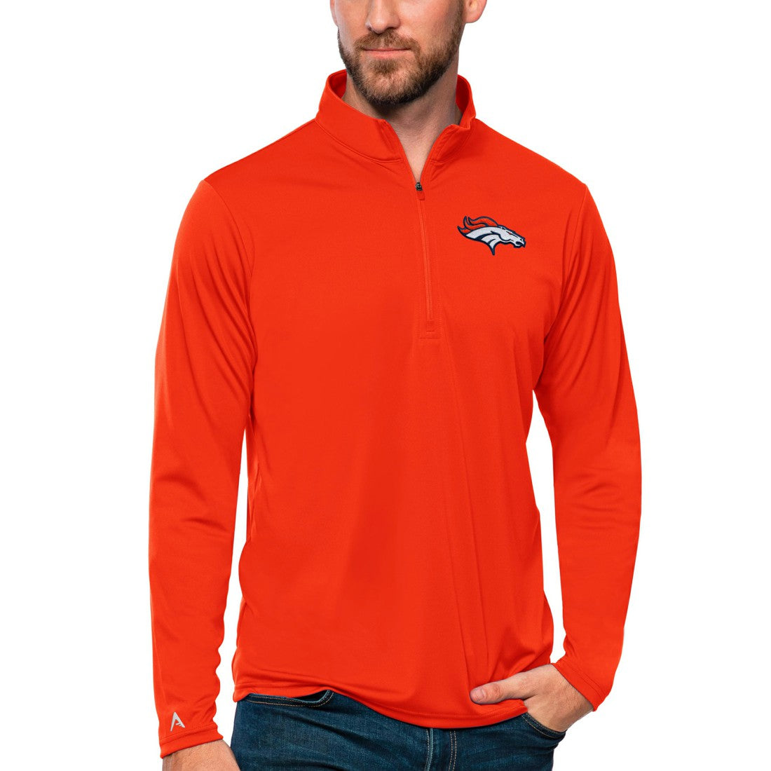 Denver Broncos Antigua Tribute Quarter-Zip Lightweight Pullover Top - Orange on sale