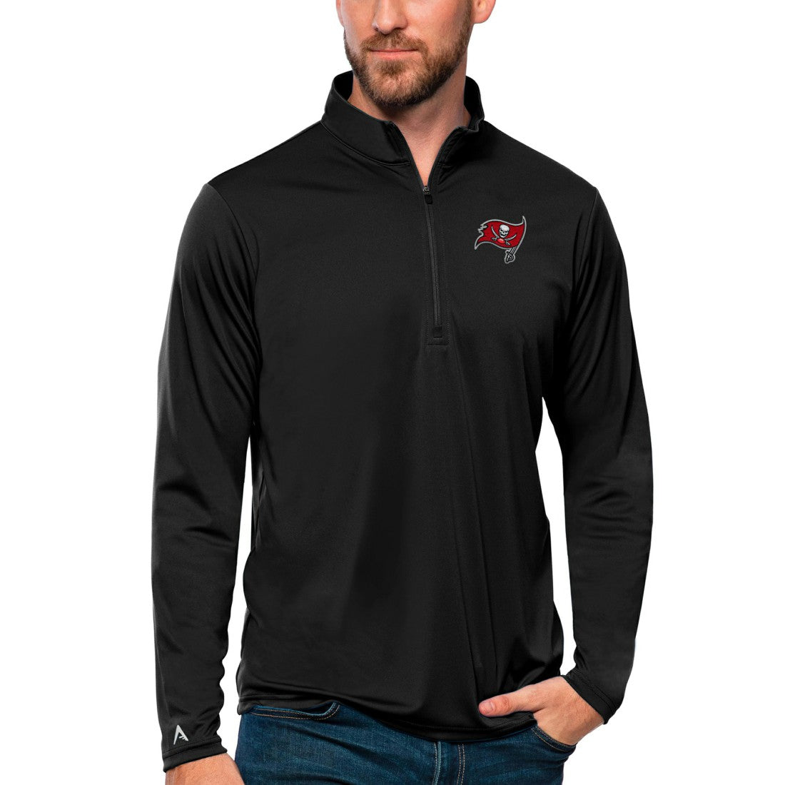 Tampa Bay Buccaneers Antigua Tribute Quarter-Zip Lightweight Pullover Top - Black for sale