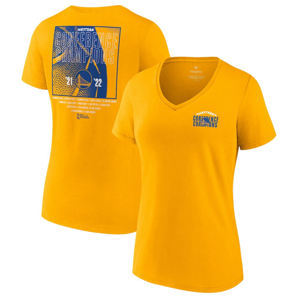 Golden State Warriors Women's 2022 Western Conference Champions Balanced Attack Roster V-Neck T-Shirt sale - Gold shop