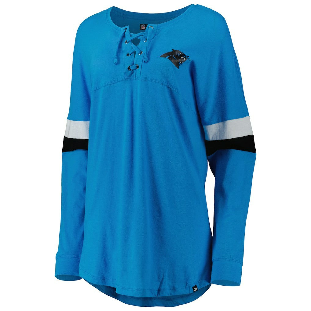 Carolina Panthers New Era Women's Athletic Varsity Lace-Up Lightweight Long Sleeve T-Shirt - Blue on sale