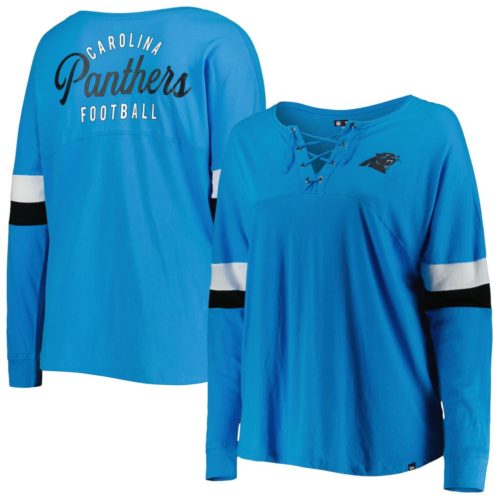 Carolina Panthers New Era Women's Plus Size Athletic Varsity Lace-Up V-Neck Long Sleeve T-Shirt - Blue for sale