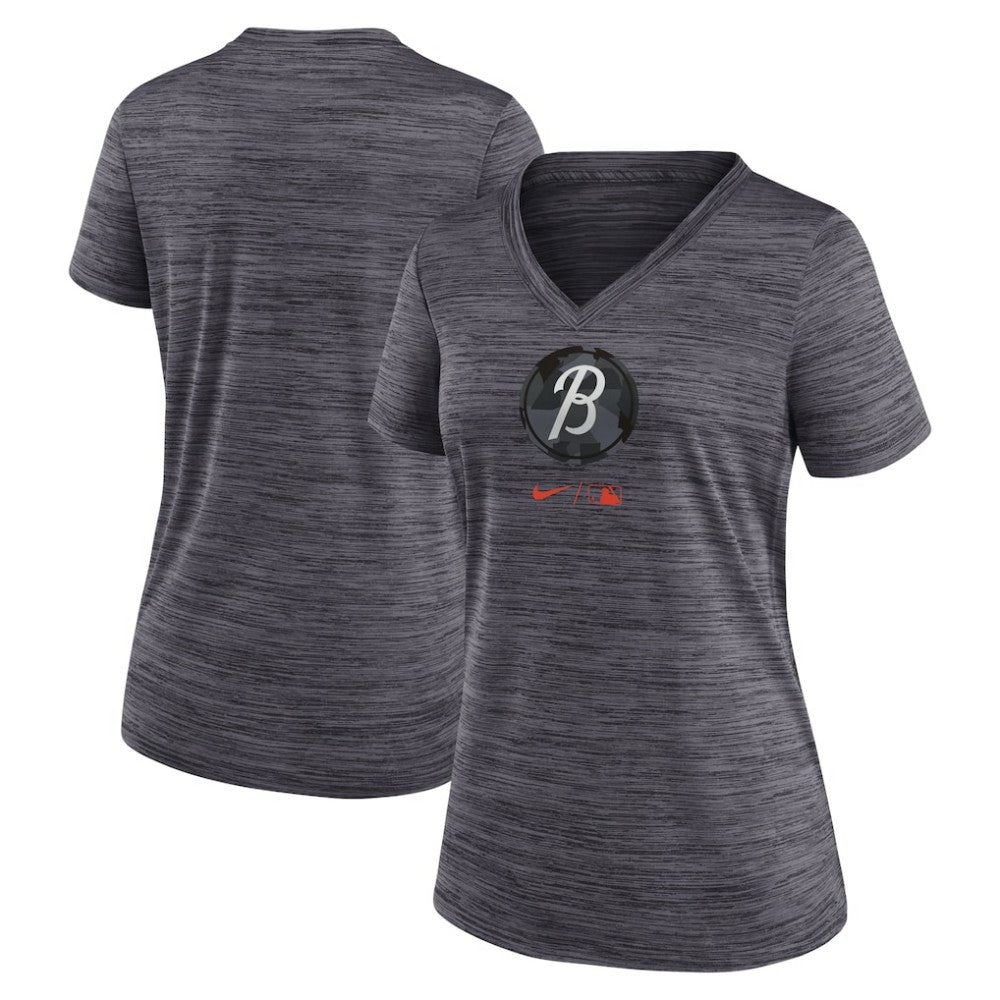 Baltimore Orioles Women's City Connect Velocity Practice Performance V-Neck T-Shirt Black