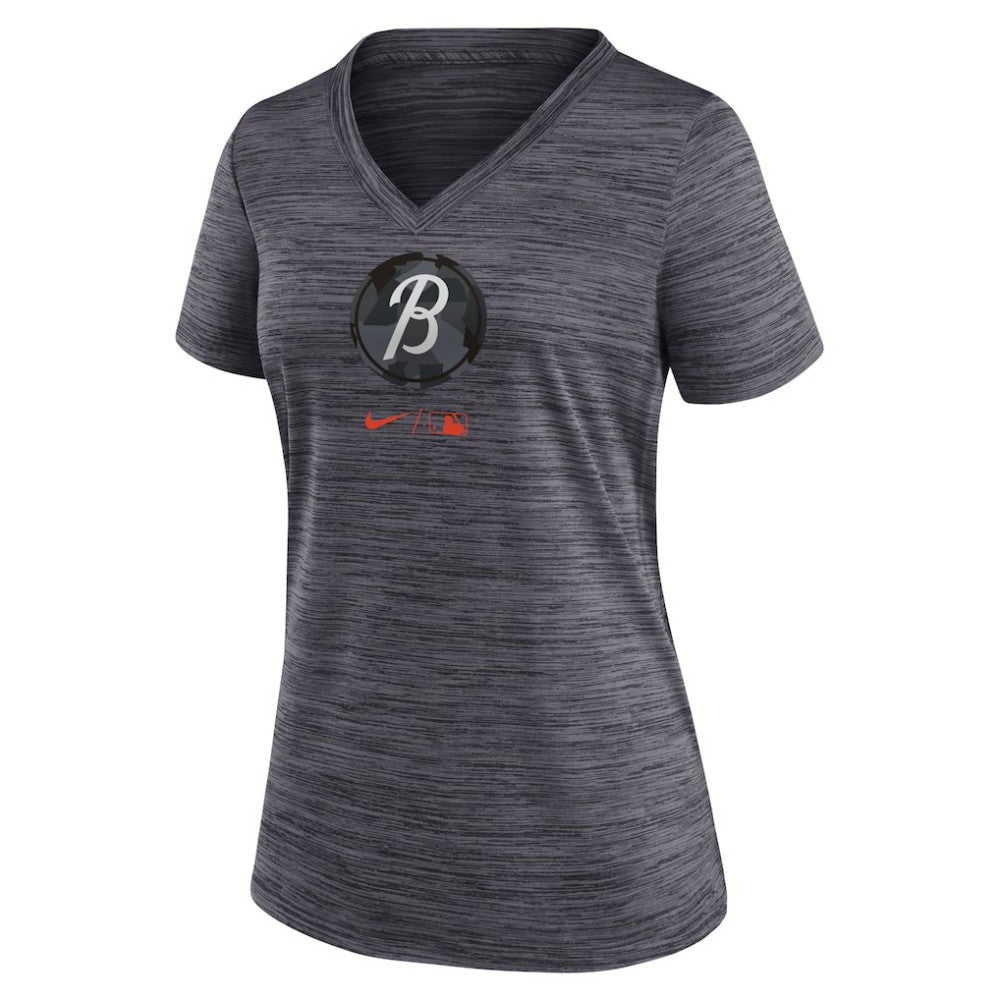 Baltimore Orioles Women's City Connect Velocity Practice Performance V-Neck T-Shirt Black