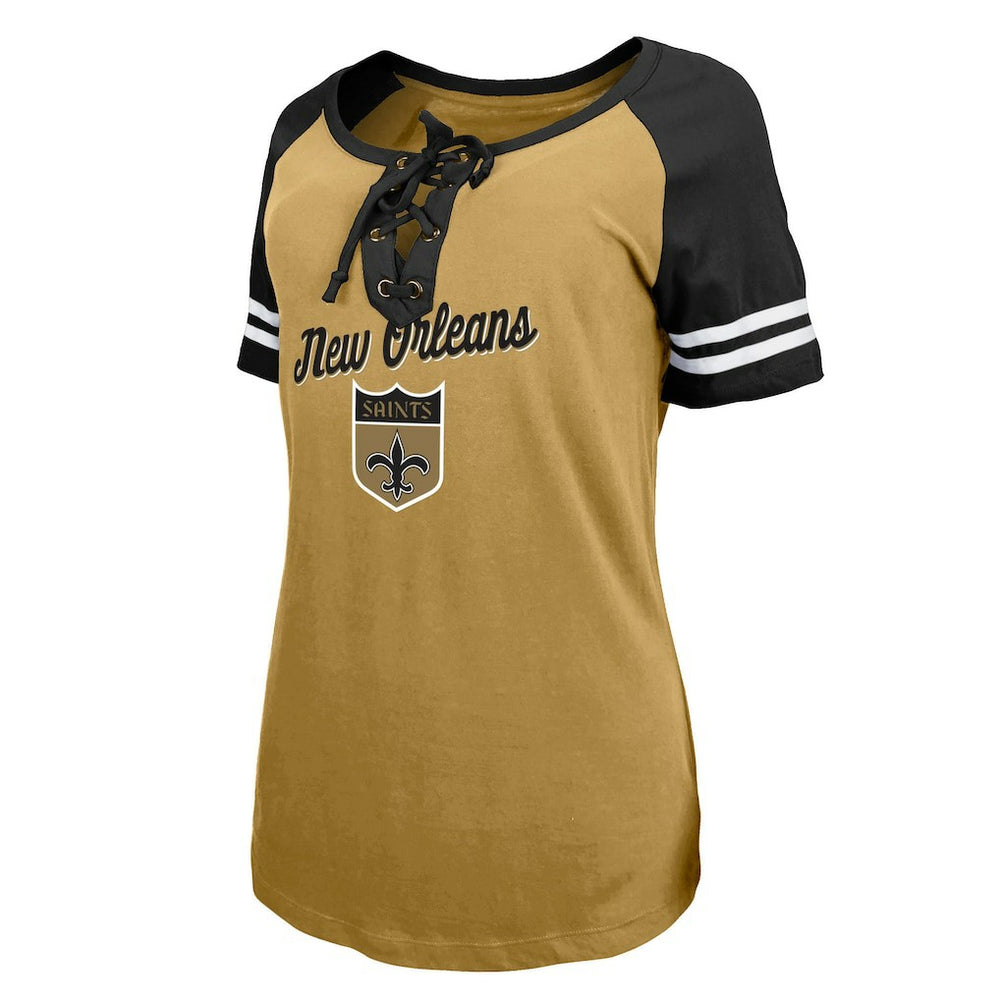 New Orleans Saints New Era Women's Legacy Lace-Up Raglan T-Shirt - Gold/Black sale