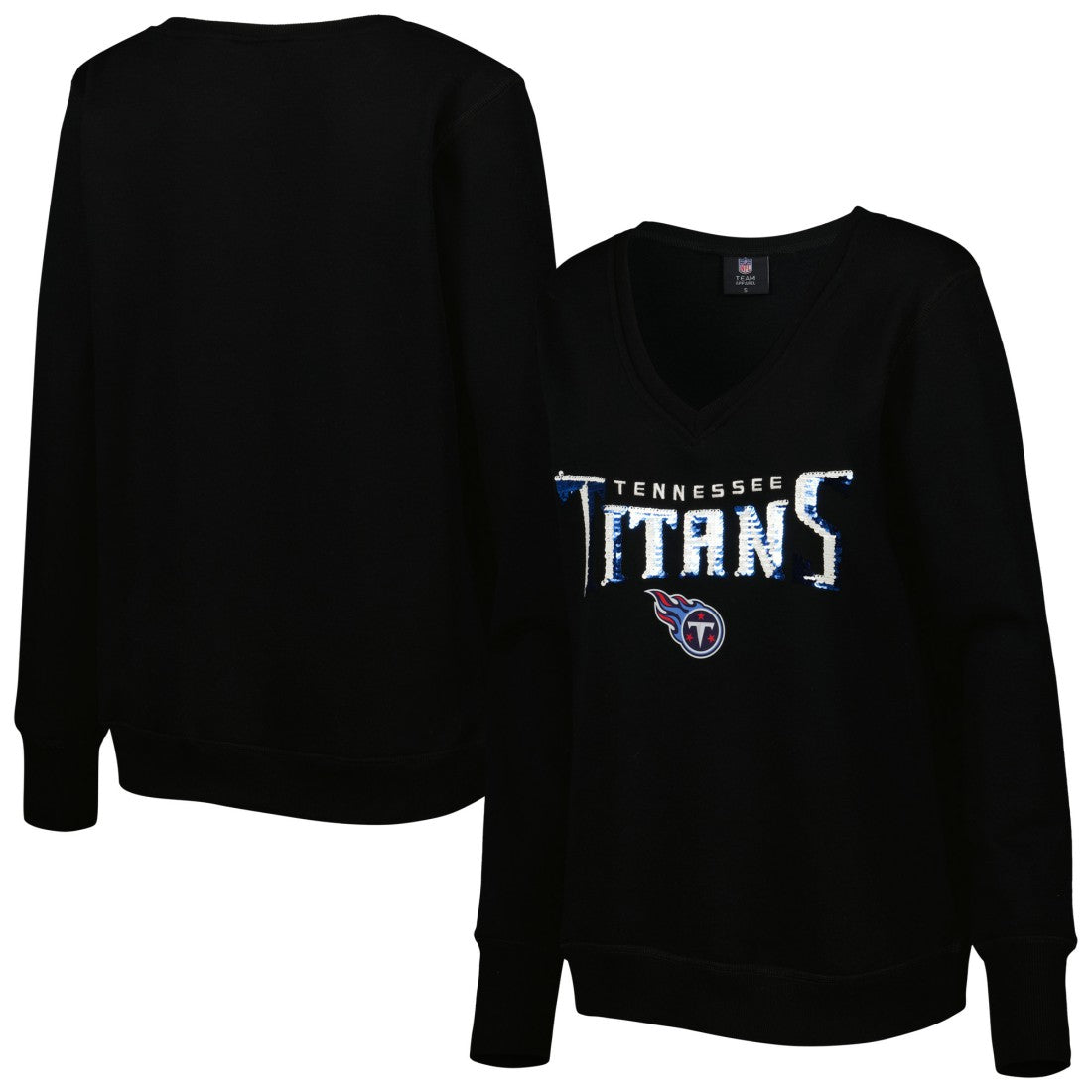 Tennessee Titans Cuce Women's Sequin Logo V-Neck Pullover Sweatshirt - Black for sale