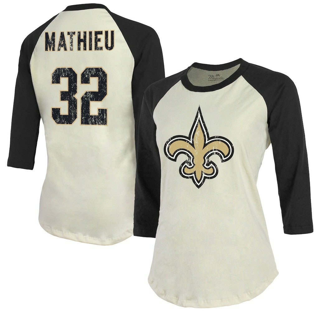 Tyrann Mathieu New Orleans Saints Majestic Threads Women's Player Name & Number Tri-Blend Three-Quarter Sleeve T-Shirt - Cream on sale