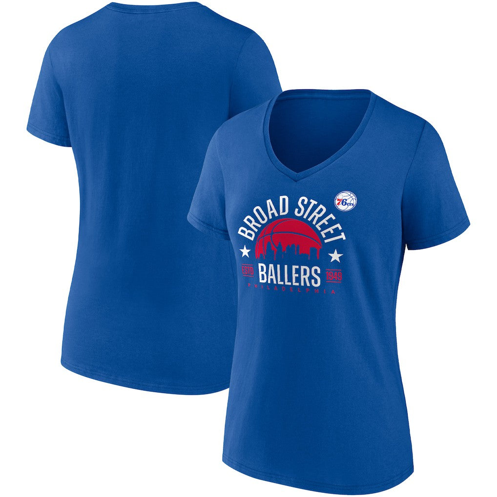 Philadelphia 76ers Women's Hometown Collection Broad Street Ballers V-Neck T-Shirt - Royal for sale