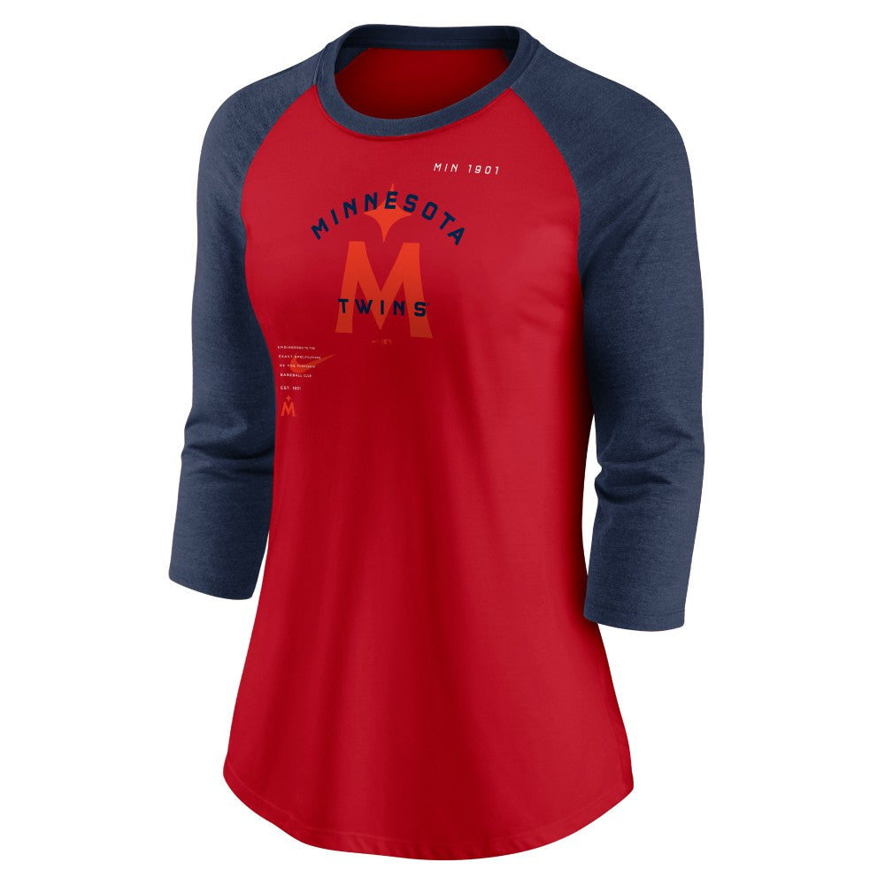 Minnesota Twins Women's Next Up Tri-Blend Raglan 3/4-Sleeve T-Shirt Red/Navy