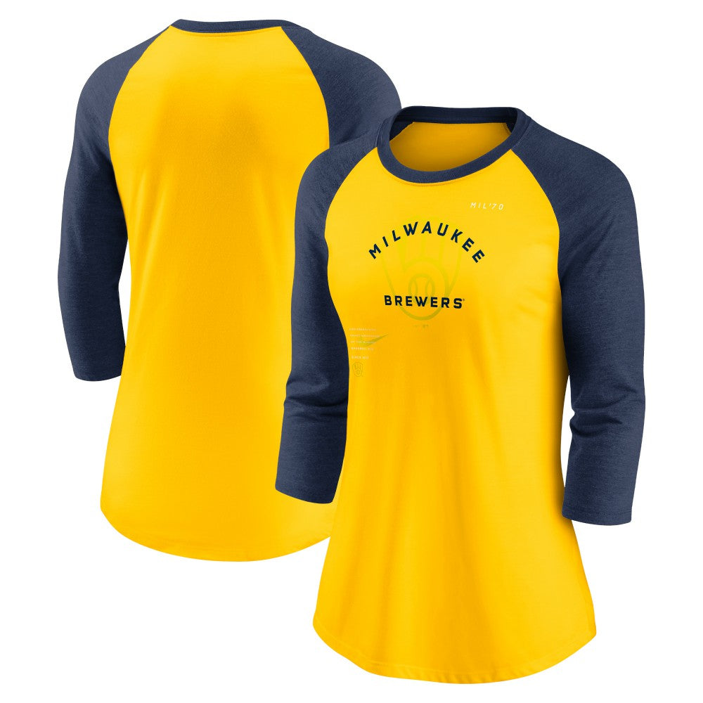 Milwaukee Brewers Women's Next Up Tri-Blend Raglan 3/4-Sleeve T-Shirt Gold/Navy