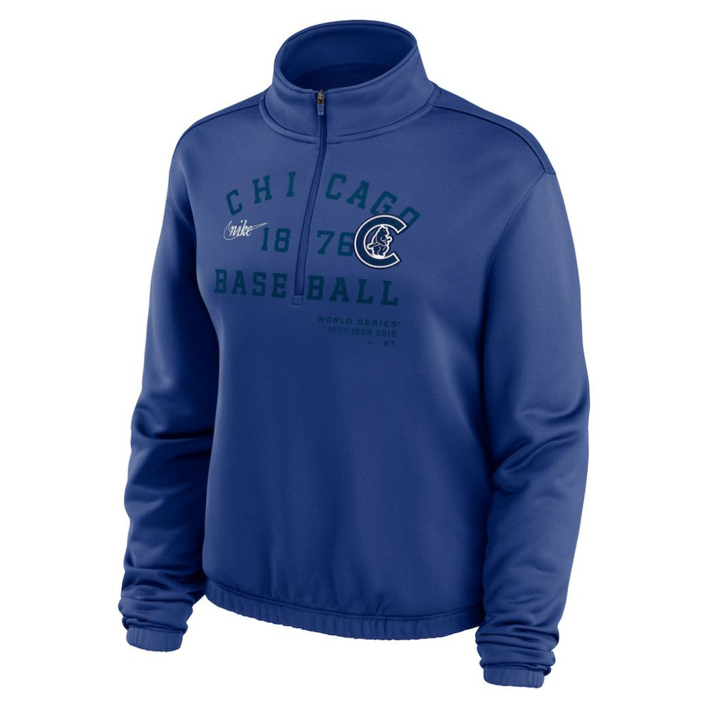 Chicago Cubs Women's Rewind Splice Half-Zip Semi-Cropped Bubble Hem Sweatshirt Royal