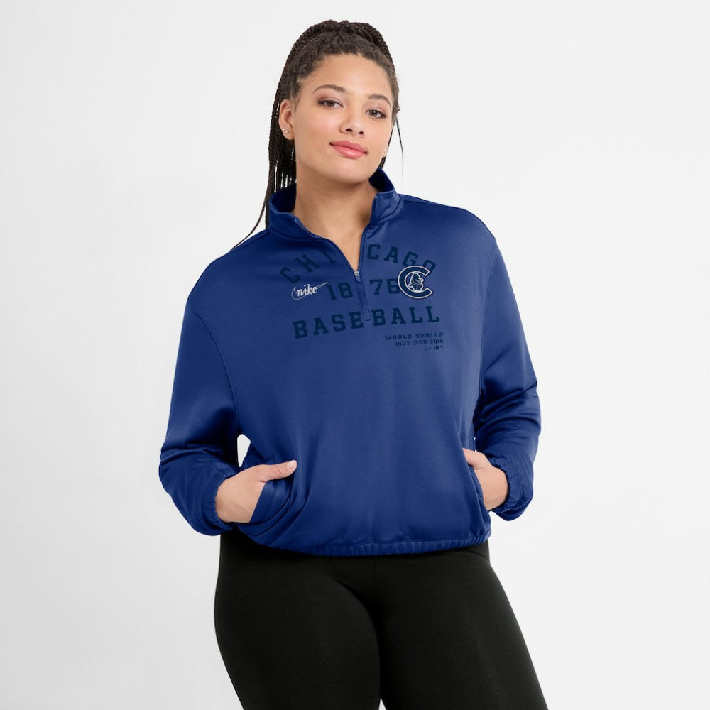 Chicago Cubs Women's Rewind Splice Half-Zip Semi-Cropped Bubble Hem Sweatshirt Royal