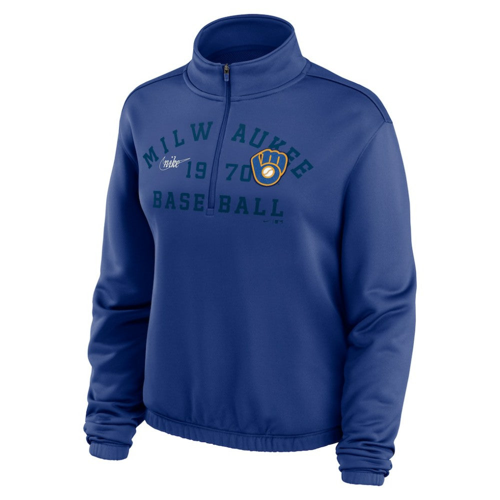 Milwaukee Brewers Women's Rewind Splice Half-Zip Semi-Cropped Bubble Hem Sweatshirt Royal